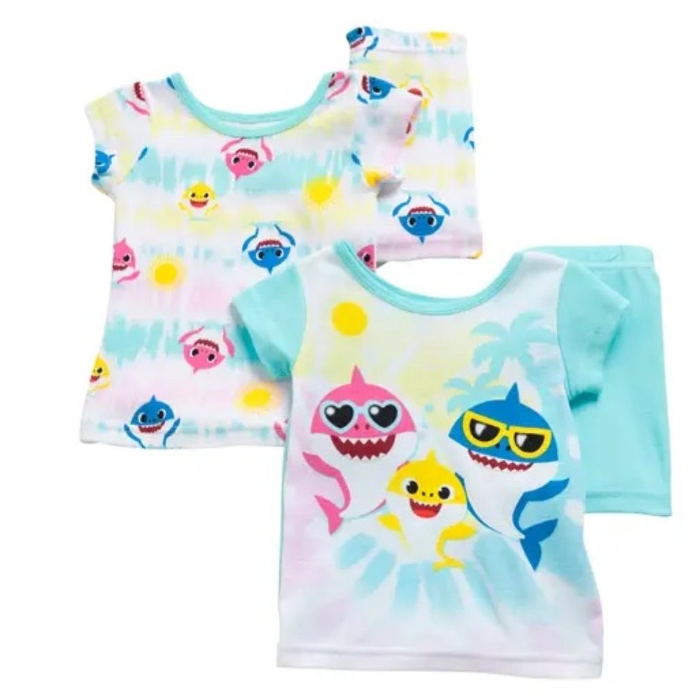 Baby Girls BABY SHARK 4 pc Cotton Pajama Set Size 12 18 24 months Shorts NWT